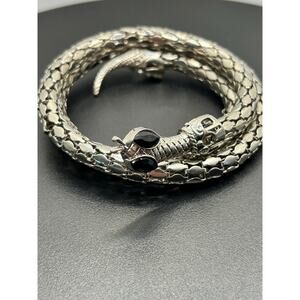 Vintage Silver Mesh Snake Wrap Bracelet Black Rhinestone Eyes Serpent Cuff